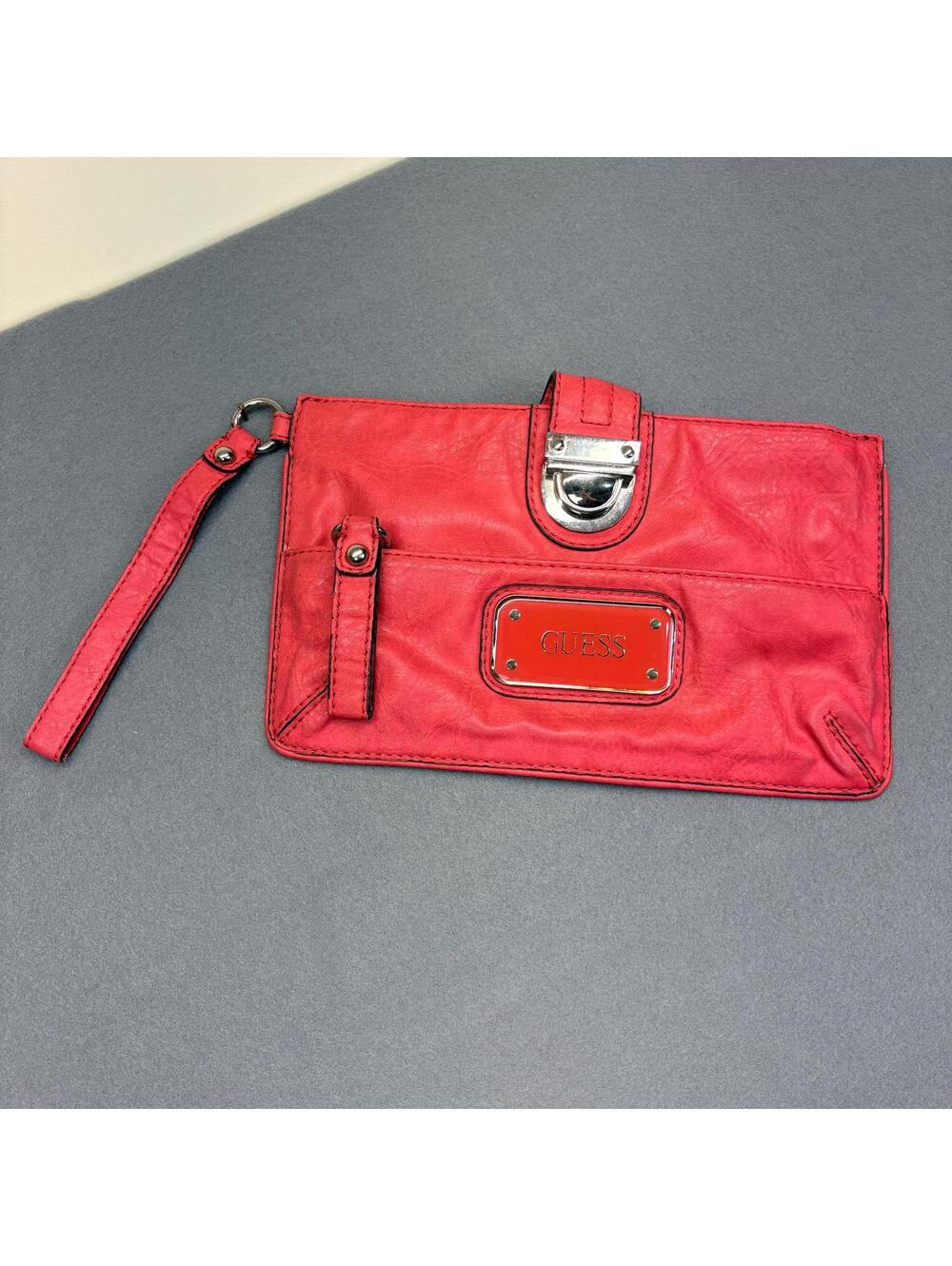 Guess Clutch Wristlet Zipper Purse Pink Faux Leather
